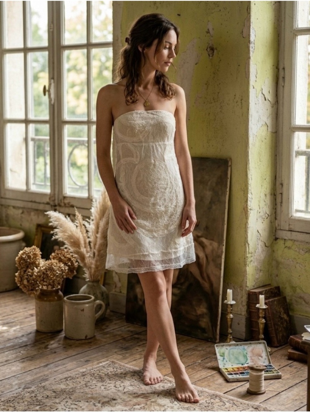 NWT Lucy Paris Ivory Lace Strapless Babydoll Mini Dress Coquette Large